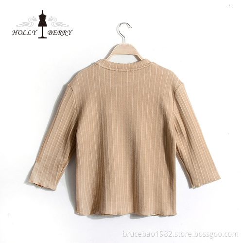 Blouse Femme New Arrival Cotton Stripe Champagne Color Three Quarter Sleeve